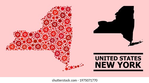 Vector covid mosaic map of New York State done for pharmacy illustrations. Red mosaic map of New York State is done from biological hazard covid viral icons.
