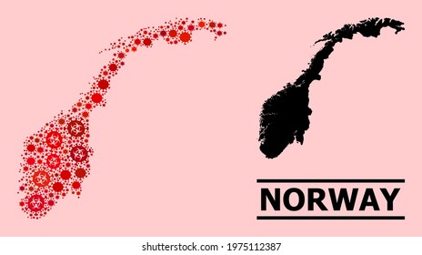 Vector covid mosaic map of Norway done for hospital posters. Red mosaic map of Norway is made from biological hazard covid pathogen elements.