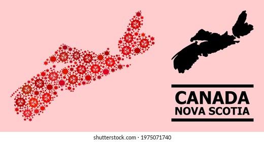 Vector covid mosaic map of Nova Scotia Province combined for hospital purposes. Red mosaic map of Nova Scotia Province is formed from biohazard covid infection cells.