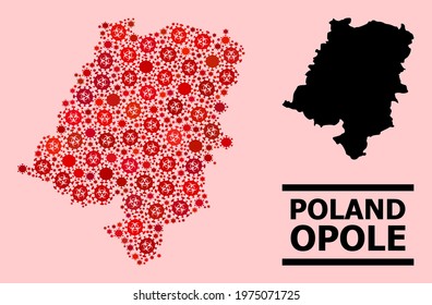 Vector covid mosaic map of Opole Province done for vaccination advertisement. Red mosaic map of Opole Province is done of biohazard covid pathogen icons.