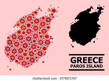 Vector covid mosaic map of Paros Island designed for vaccination wallpapers. Red mosaic map of Paros Island is designed of biological hazard covid viral elements.