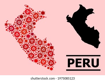 Vector covid mosaic map of Peru organized for pharmacy applications. Red mosaic map of Peru is constructed from biological hazard covid-2019 pathogen parts.