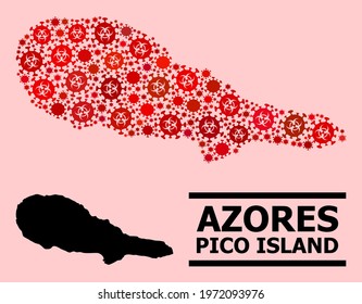 Vector covid mosaic map of Pico Island done for vaccination posters. Red mosaic map of Pico Island is composed with biohazard covid-2019 viral cells.