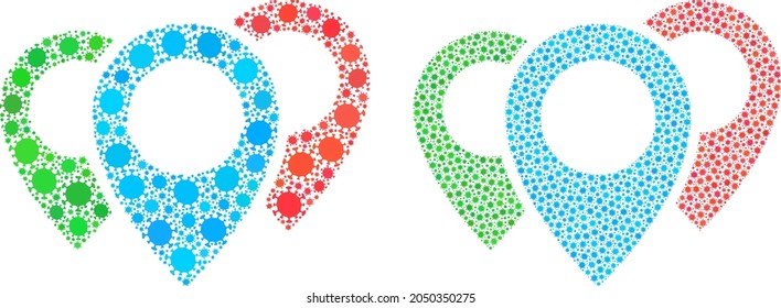 Vector covid mosaic map pointers created for clinic wallpapers. Mosaic map pointers is based on icon and it is organized with biohazard covid pathogen cells.