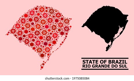 Vector covid mosaic map of Rio Grande do Sul State designed for pandemic advertisement. Red mosaic map of Rio Grande do Sul State is organized of biohazard covid-2019 infection elements.