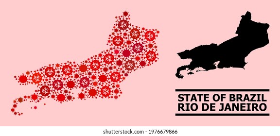 Vector covid mosaic map of Rio de Janeiro State constructed for doctor posters. Red mosaic map of Rio de Janeiro State is made with biohazard covid pathogen elements.