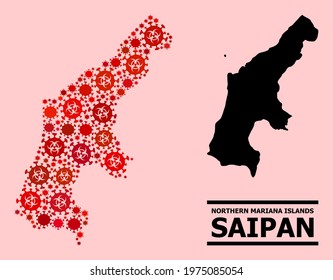 Vector covid mosaic map of Saipan Island constructed for doctor advertisement. Red mosaic map of Saipan Island is constructed with biohazard flu viral elements.
