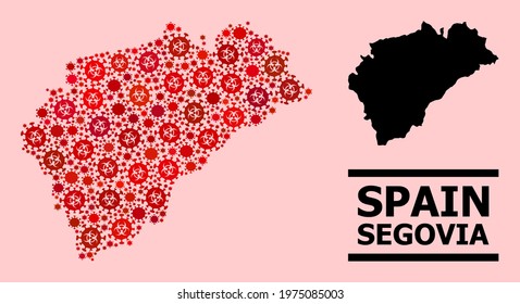 Vector covid mosaic map of Segovia Province organized for medicare posters. Red mosaic map of Segovia Province is organized of biohazard covid infection cells.