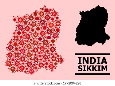 Vector covid mosaic map of Sikkim State constructed for hospital purposes. Red mosaic map of Sikkim State is formed with biohazard covid pathogen elements.