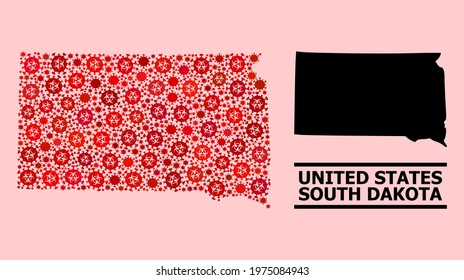 Vector covid mosaic map of South Dakota State designed for pharmacy wallpapers. Red mosaic map of South Dakota State is designed with biohazard covid-2019 viral items.