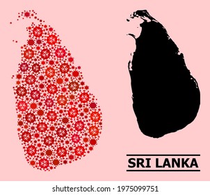 Vector covid mosaic map of Sri Lanka combined for health care posters. Red mosaic map of Sri Lanka is made with biohazard covid viral cells.
