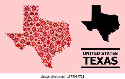 Vector covid mosaic map of Texas State done for clinic illustrations. Red mosaic map of Texas State is done from biohazard covid infection elements.