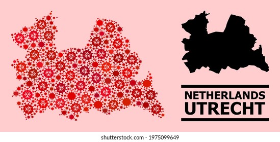 Vector covid mosaic map of Utrecht Province created for vaccination wallpapers. Red mosaic map of Utrecht Province is created from biohazard covid-2019 pathogen parts.