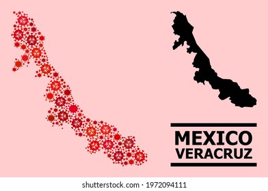 Vector covid mosaic map of Veracruz State designed for pandemic advertisement. Red mosaic map of Veracruz State is composed from biohazard covid-2019 infection icons.