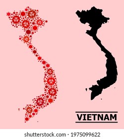 Vector covid mosaic map of Vietnam organized for clinic posters. Red mosaic map of Vietnam is constructed with biological hazard covid-2019 pathogen elements.