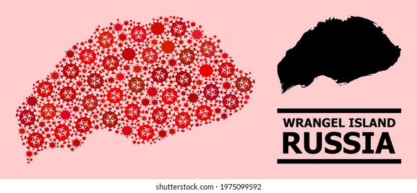Vector covid mosaic map of Wrangel Island created for doctor applications. Red mosaic map of Wrangel Island is organized with biological hazard covid infection icons.