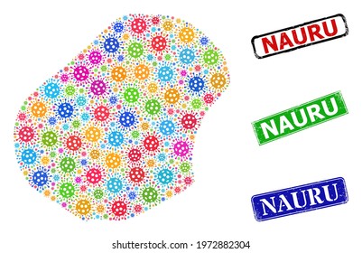 Vector Covid mosaic Nauru map, and grunge Nauru seal stamps. Vector colored Nauru map mosaic, and Nauru grunge framed rectangle stamp seals.