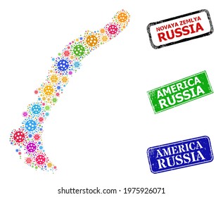 Vector Covid mosaic Novaya Zemlya Islands map, and grunge America Russia badges. Vector colored Novaya Zemlya Islands map mosaic, and America Russia grunge framed rectangle stamp seals.