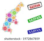 Vector Covid mosaic Saipan Island map, and grunge Saipan seals. Vector colored Saipan Island map mosaic, and Saipan scratched framed rectangle seals.