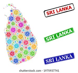 Vector Covid mosaic Sri Lanka map, and grunge Sri Lanka seal stamps. Vector vibrant Sri Lanka map mosaic, and Sri Lanka grunge framed rectangle seal imitations.
