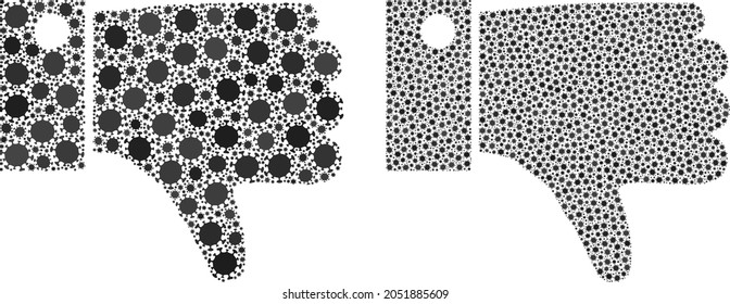 El dedo pulgar de mosaico del vector está diseñado para aplicaciones de salud. El pulgar abajo del mosaico se basa en un icono y se compone de partes virales de la gripe por riesgo biológico. El pulgar mosaico abajo diseñado de íconos virales.