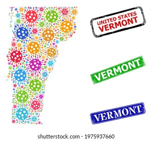 Vector Covid mosaic Vermont State map, and grunge Vermont seal stamps. Vector colored Vermont State map mosaic, and Vermont grunge framed rectangle seal prints.