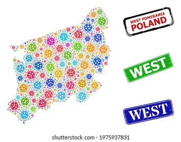 Vector Covid mosaic West Pomeranian Voivodeship map, and grunge West seal stamps. Vector multi-colored West Pomeranian Voivodeship map mosaic, and West rubber framed rectangle seal imitations.