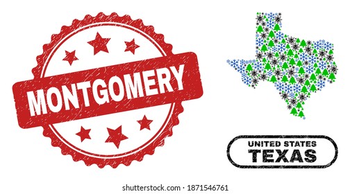 Vector Covid New Year Collage Texas State Map And Montgomery Dirty Stamp Print. Montgomery Stamp Uses Rosette Shape And Red Color. Mosaic Texas State Map Is Formed Of Random Covid-2019, Frost,