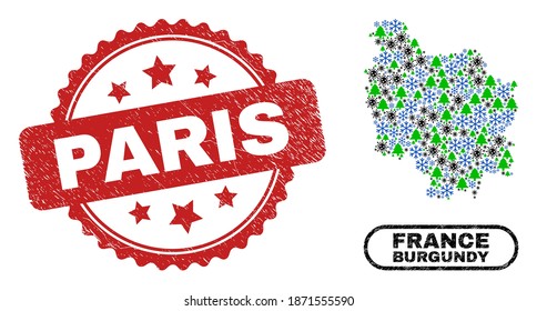 Vector Covid Silvester Collage Burgundy Provinz Karte und Paris korrodierte Stempel. Die Pariser Robbe verwendet Rosette-Form und rote Farbe. Collage Burgundy Province map entworfen aus zufälligem Corona-Virus, Frost,