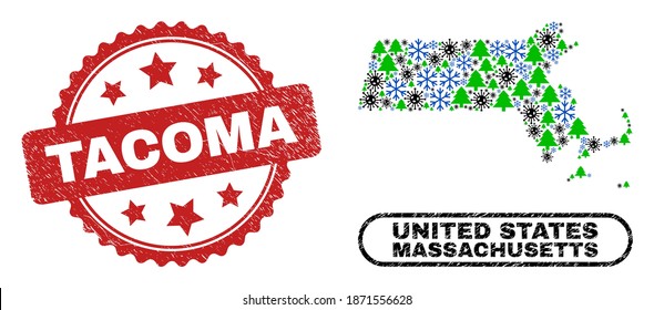 Vector Covid Silvester Collage Massachusetts State Map und Tacoma schmutzigen Stempel Imitation. Die Tacoma Stempel-Robbe verwendet Rosette-Form und rote Farbe.