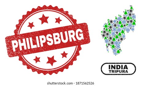 Mapa del estado de Tripura y estampado de estampado de grunge del colección Vector Covid de Año Nuevo. El sello Philipsburg usa forma de rosette y color rojo. Collage Tripura State map se construye con covid aleatorio,