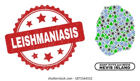 Vector Covid New Year collage Nevis Island map and Leishmaniasis rubber seal. Leishmaniasis stamp seal uses rosette shape and red color. Mosaic Nevis Island map is created with randomized Covid,