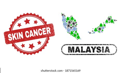 Vector Covid New Year collage Malaysia map and Skin Cancer corroded seal. Skin Cancer stamp uses rosette shape and red color. Collage Malaysia map is formed with randomized Covid-2019, frost,