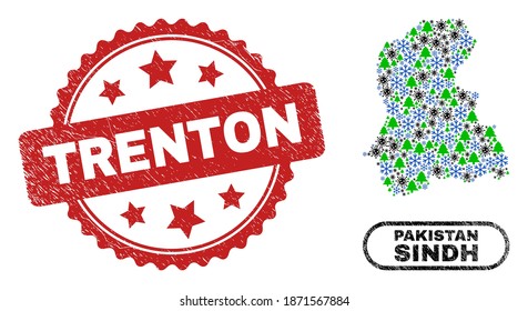 Mapa de la provincia de Sindh del collage del Año Nuevo Vector Covid y imitación del sello sucio de Trenton. La impresión de Trenton utiliza forma de rosette y color rojo. El mapa de la provincia de Sindh Collage se crea a partir de virus dispersos.