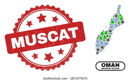 Vector Covid New Year collage Masirah Island map and Muscat textured stamp seal. Muscat seal uses rosette shape and red color. Collage Masirah Island map is composed of random virus, snow flake,