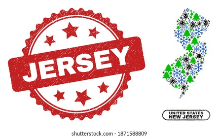 Vector Covid New Year collage New Jersey State map and Jersey dirty stamp seal. Jersey stamp seal uses rosette shape and red color. Collage New Jersey State map is created from random infection,