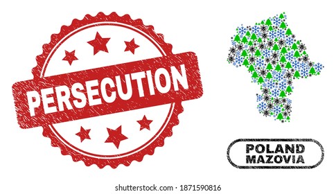 Vector Covid New Year collage Masovian Voivodeship map and Persecution scratched stamp imitation. Persecution stamp uses rosette shape and red color.