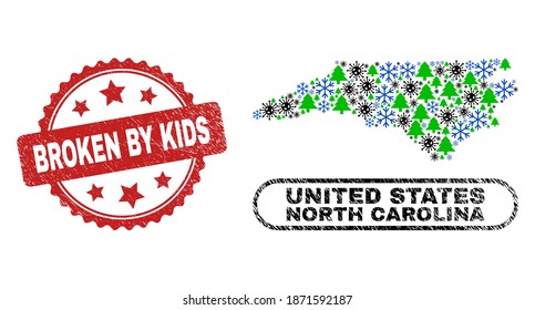 Vector Covid New Year collage North Carolina State map and Broken by Kids unclean stamp seal. Broken by Kids stamp seal uses rosette shape and red color.