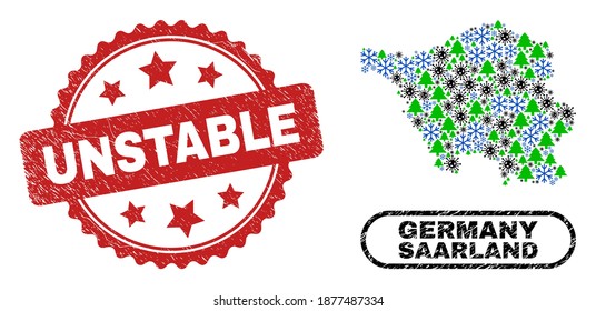 Vector Covid New Year collage Saarland Land map and Unstable unclean stamp print. Unstable stamp uses rosette shape and red color. Mosaic Saarland Land map is created of randomized virus, snow flake,