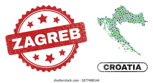 Vector Covid New Year collage Croatia map and Zagreb grunge stamp print. Zagreb seal uses rosette shape and red color. Mosaic Croatia map is designed of random covid, snow flake,