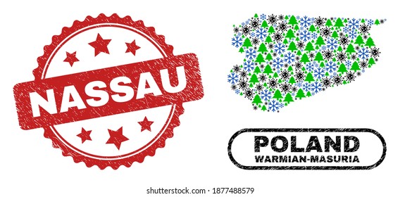 Vector Covid New Year collage Warmian-Masurian Voivodeship map and Nassau scratched seal. Nassau stamp seal uses rosette shape and red color.