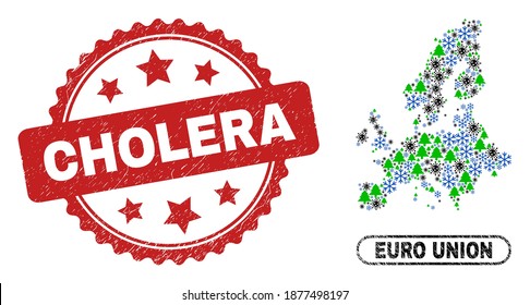 Vector Covid New Year collage Euro Union map and Cholera scratched stamp. Cholera stamp seal uses rosette shape and red color. Collage Euro Union map is created from random virus, frost,