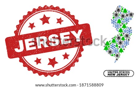 Vector Covid New Year collage New Jersey State map and Jersey dirty stamp seal. Jersey stamp seal uses rosette shape and red color. Collage New Jersey State map is created from random infection,