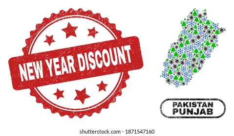 Mapa de la provincia de Punjab y estampado rayado del New Year Discount Covid New Year. La impresión de descuento de Año Nuevo usa forma de rosette y color rojo.