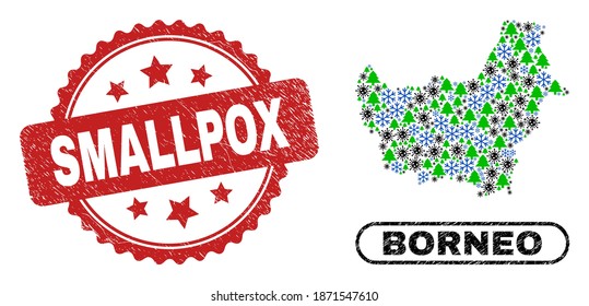 Vector Covid New Year combination Borneo map and Smallpox corroded stamp. Smallpox stamp uses rosette shape and red color. Collage Borneo map is organized of random Covid, snow flake,