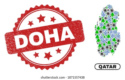 Mapa de Qatar de combinación de Año Nuevo Vector Covid y sello de goma de Doha. El sello de Doha usa forma de rosette y color rojo. El mapa del Collage Qatar está hecho de símbolos aleatorizados del virus de la gripe, heladas, abetos.