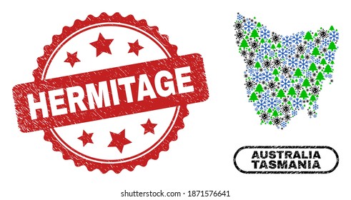 Vector Covid New Year combination Tasmania Island map and Hermitage dirty seal. Hermitage watermark uses rosette shape and red color.