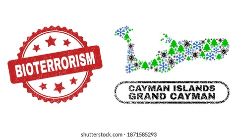 Vector Covid New Year combination Grand Cayman Island map and Bioterrorism scratched stamp print. Bioterrorism stamp seal uses rosette shape and red color.