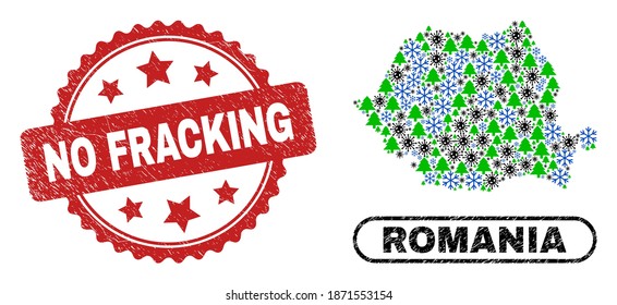 Vector Covid New Year composition Romania map and No Fracking unclean stamp print. No Fracking stamp uses rosette shape and red color. Collage Romania map is formed of random virus, snow flake,