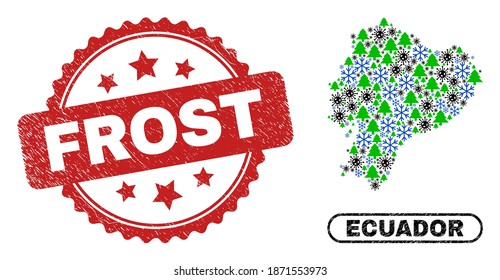 Vektor Covid Neujahr Komposition Ecuador Karte und Frost schmutzige Robbe. Frostrobbe verwendet Rosette-Form und rote Farbe. Mosaik Ecuador Karte wird mit randomisiertem Virus, Frost, New Year Tree Icons erstellt.